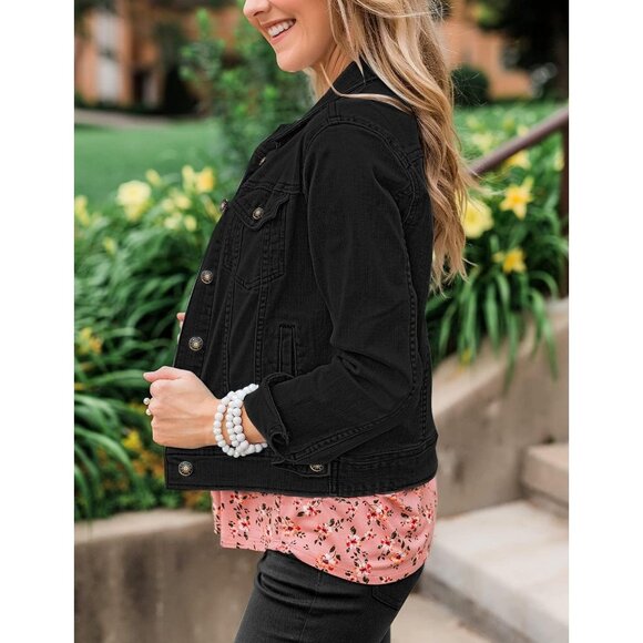 Women's Basic Long Sleeves Button Down Fitted Denim Jean Jacket Always Black - Picture 4 of 5